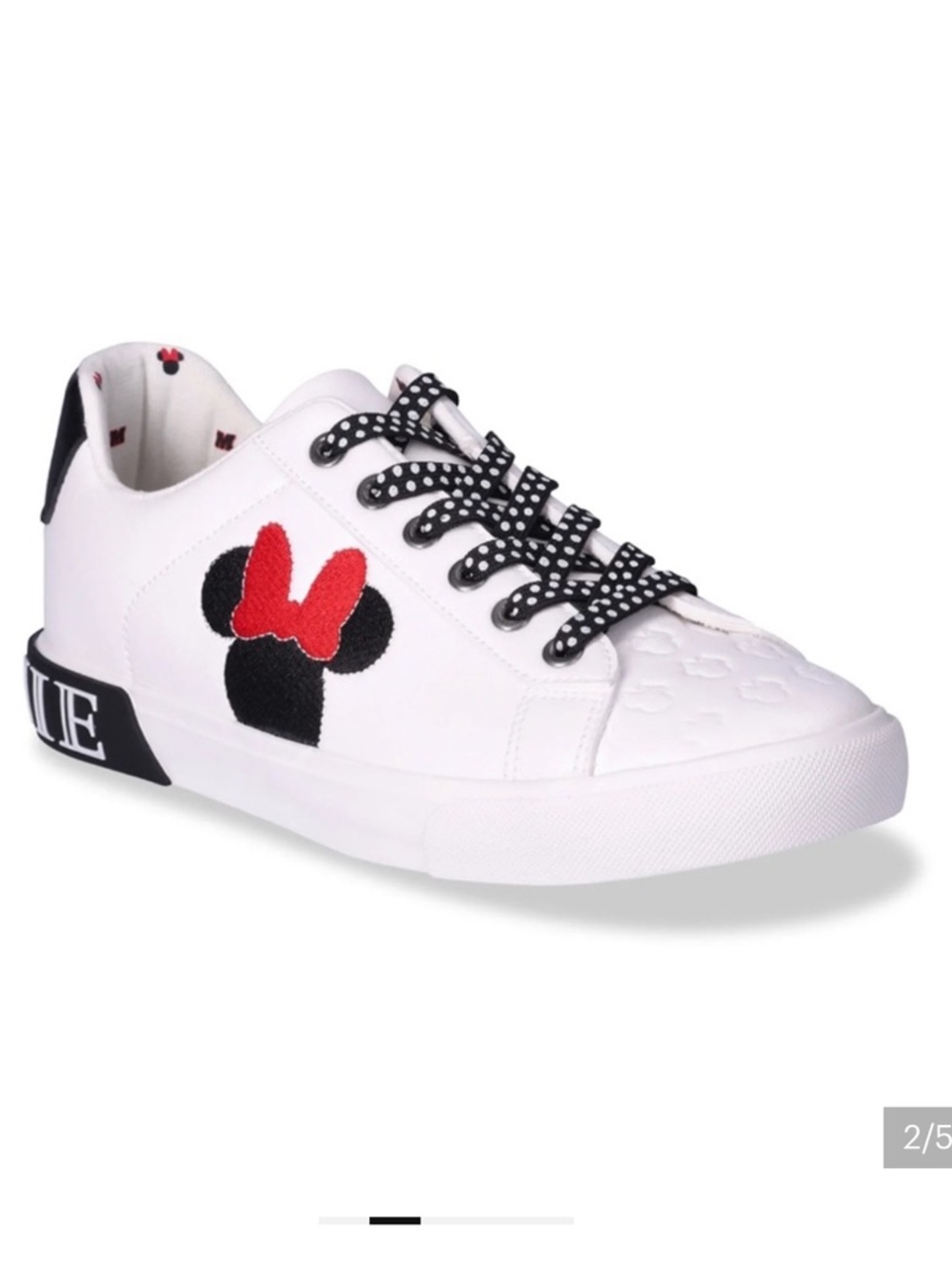 NWT Disney Women’s White Sneakers with Black Minnie Silhouette and Red Bow